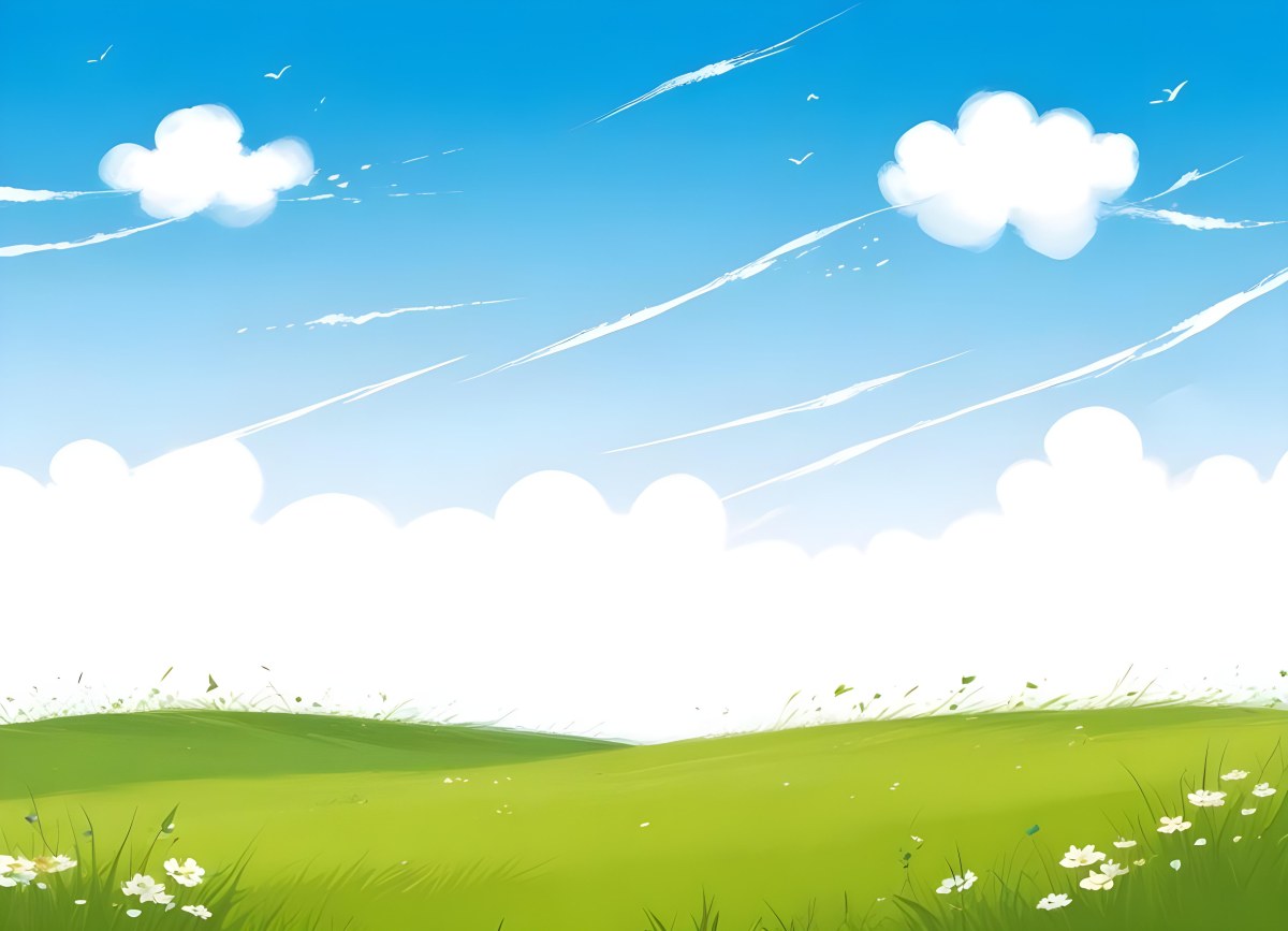 Green Grass Field With Flowers And Some Leaves Falling White Clouds In A Blue Sky 8 Ae56