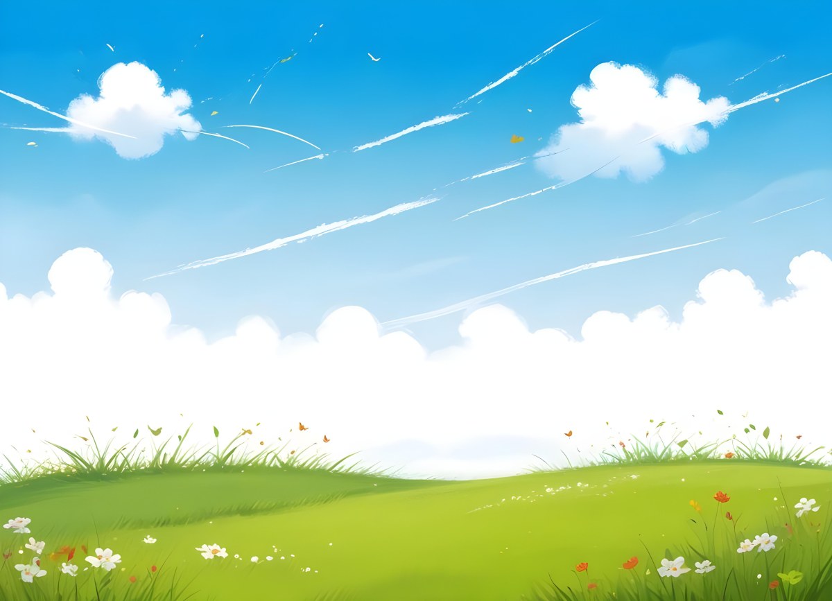 Green Grass Field With Flowers And Some Leaves Falling White Clouds In A Blue Sky 9 F65b