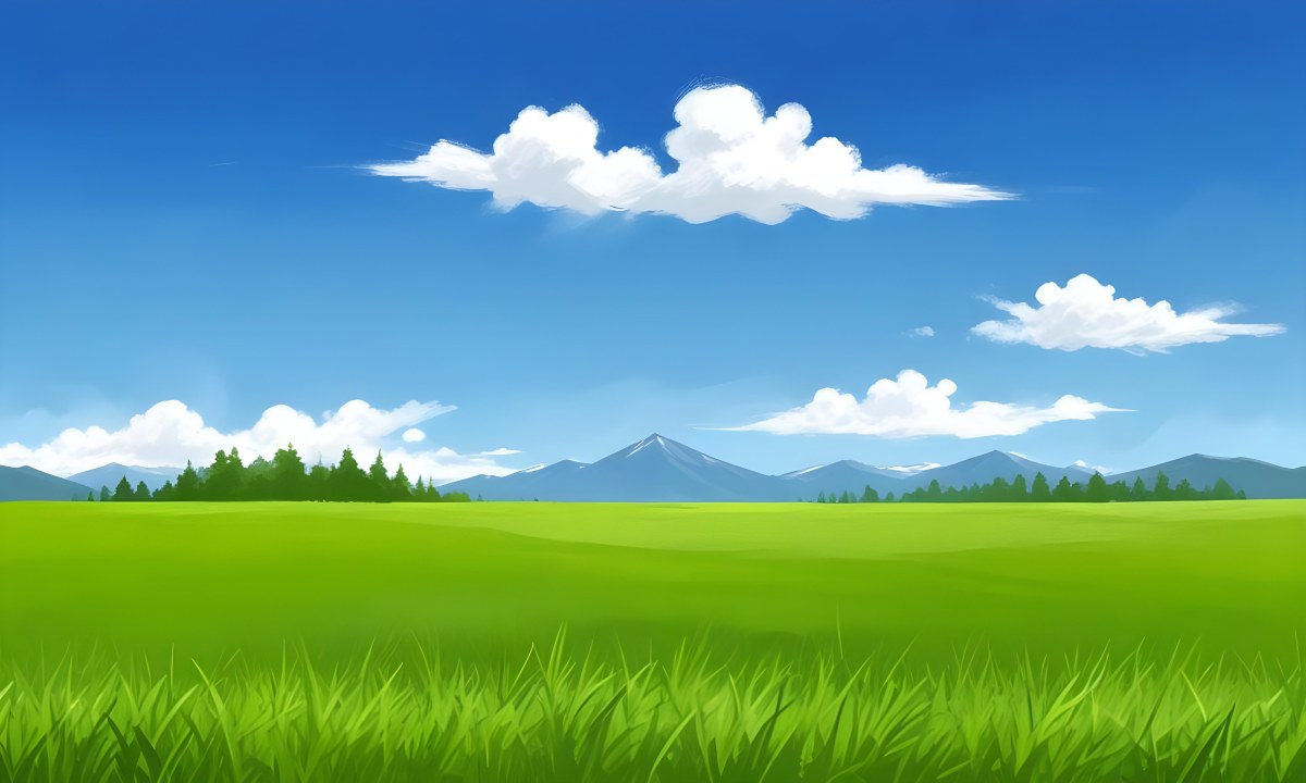 Green Grass Field With Some Grass In The Foreground Blue Sky With White Clouds Mountains And Trees In The Background 16 435d