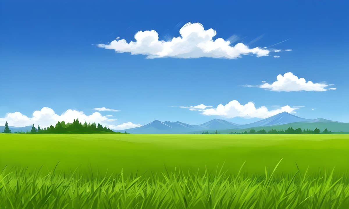 Green Grass Field With Some Grass In The Foreground Blue Sky With White Clouds Mountains And Trees In The Background 2 489a