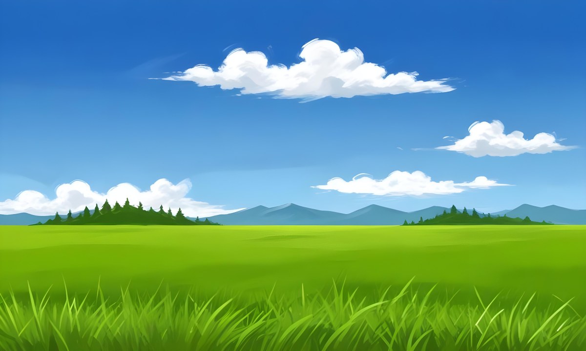 Green Grass Field With Some Grass In The Foreground Blue Sky With White Clouds Mountains And Trees In The Background 28 5056