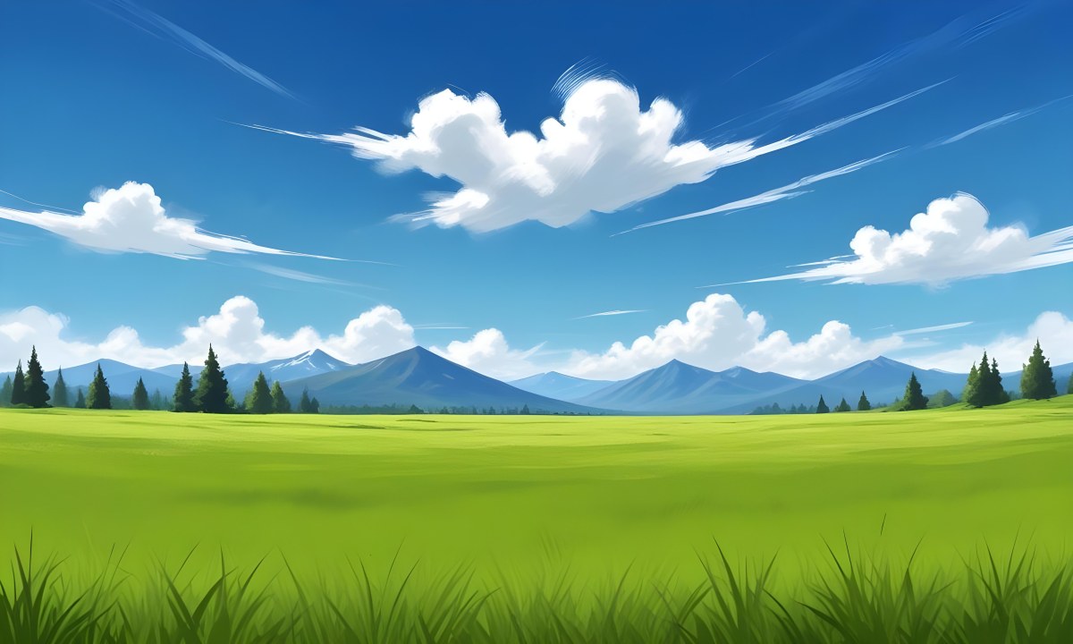 Green Grass Field With Some Grass In The Foreground Blue Sky With White Clouds Mountains And Trees In The Background 3 Ed17