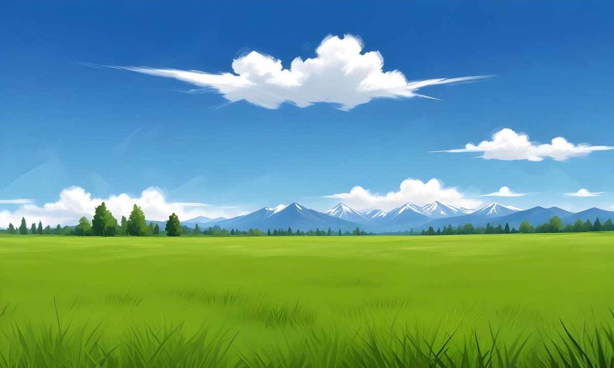 Green Grass Field With Some Grass In The Foreground Blue Sky With White Clouds Mountains And Trees In The Background 34 0c07