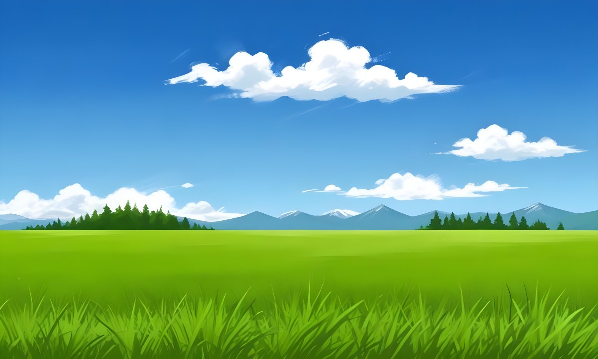 Green Grass Field With Some Grass In The Foreground Blue Sky With White Clouds Mountains And Trees In The Background 35 179e