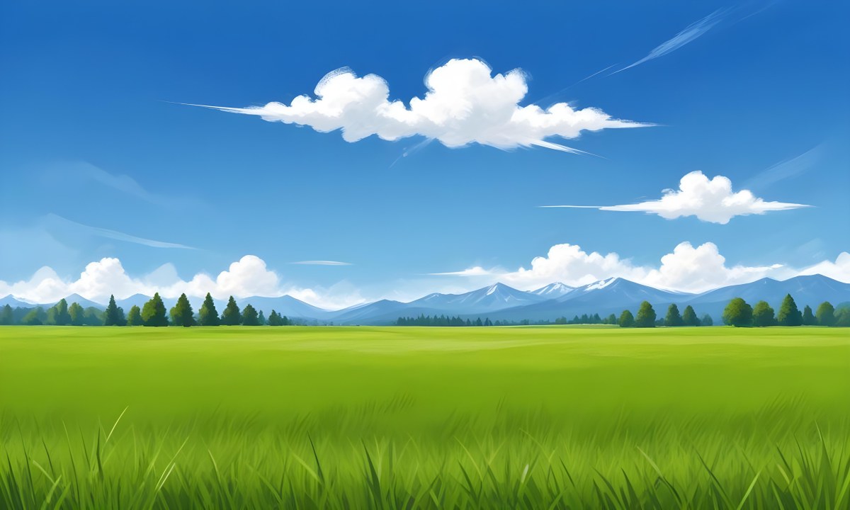 Green Grass Field With Some Grass In The Foreground Blue Sky With White Clouds Mountains And Trees In The Background 36 Eac5
