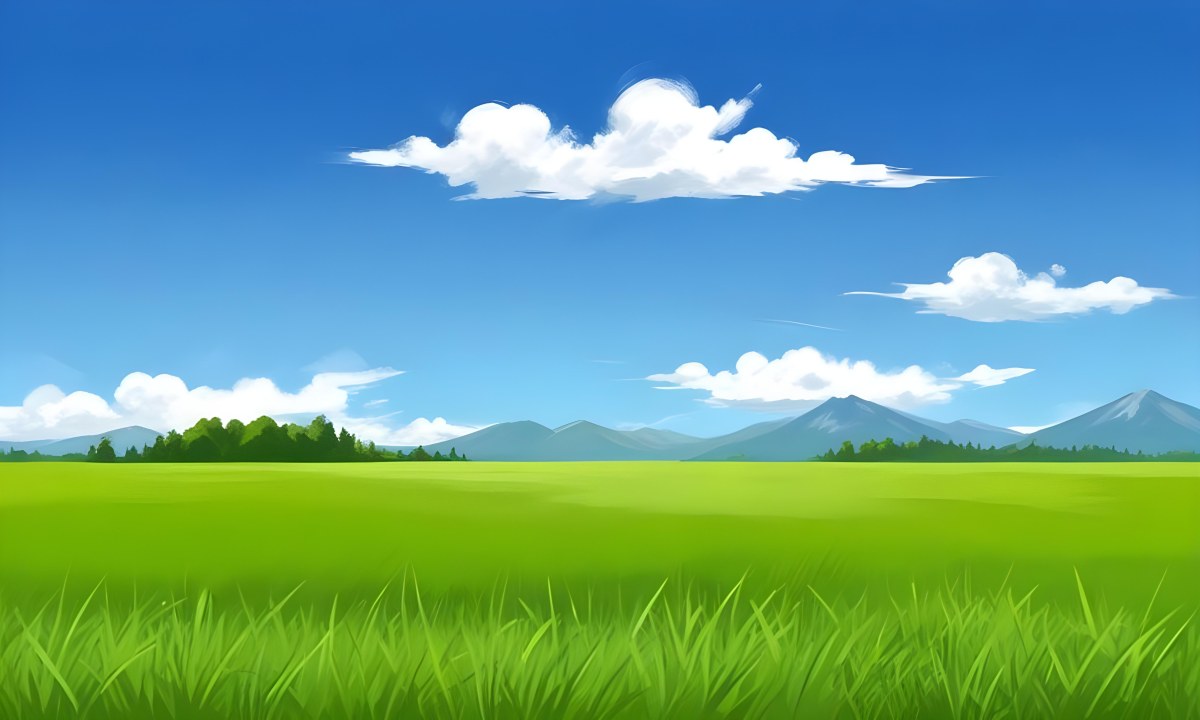 Green Grass Field With Some Grass In The Foreground Blue Sky With White Clouds Mountains And Trees In The Background 37 Fccd