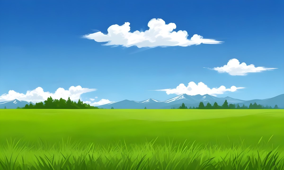 Green Grass Field With Some Grass In The Foreground Blue Sky With White Clouds Mountains And Trees In The Background 4 8592