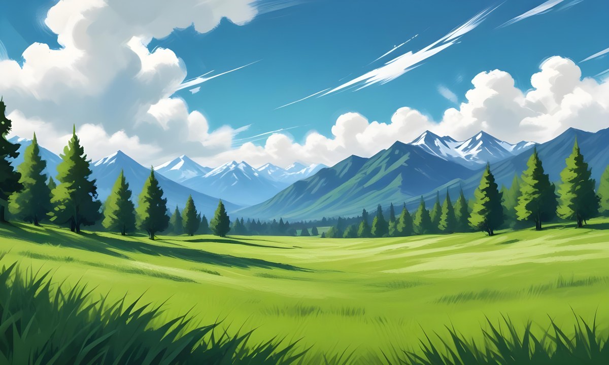 Green Grass Field With Some Grass In The Foreground Blue Sky With White Clouds Mountains And Trees In The Background 40 E8bc