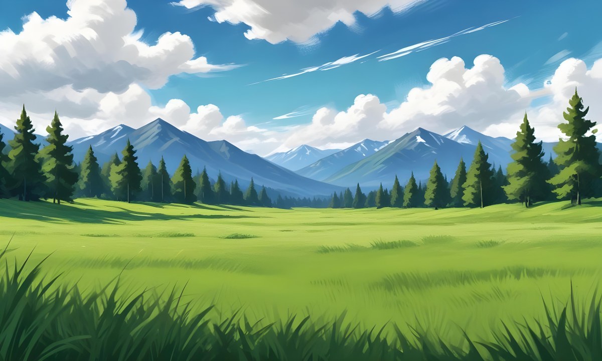 Green Grass Field With Some Grass In The Foreground Blue Sky With White Clouds Mountains And Trees In The Background 5 Da86