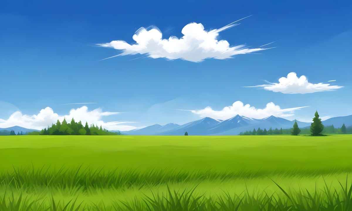 Green Grass Field With Some Grass In The Foreground Blue Sky With White Clouds Mountains And Trees In The Background 8 6261