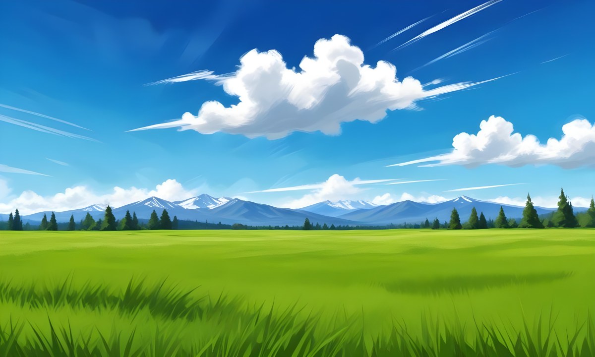 Green Grass Field With Some Grass In The Foreground Blue Sky With White Clouds Mountains And Trees In The Background 9 1f4b