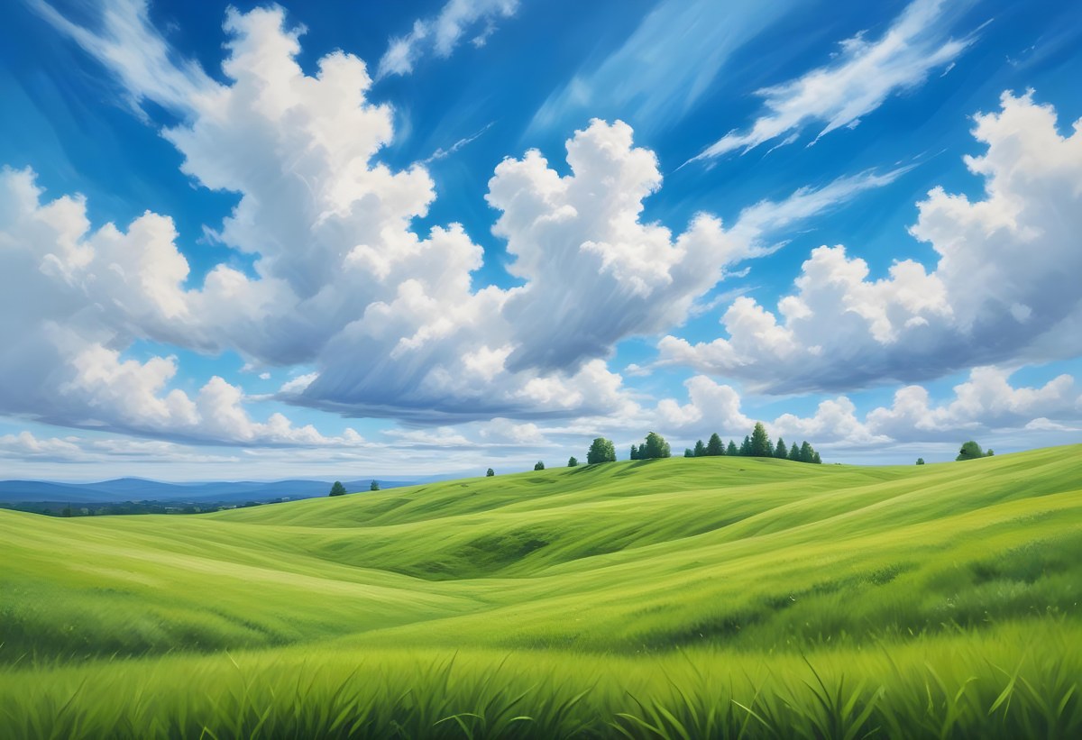 Green Grass Hill Under A Blue Sky With White Clouds Sunny Day Vibrant Colors Natural Light Clear Atmosphere Outdoor Setting Peaceful Scenery 22 C4bc