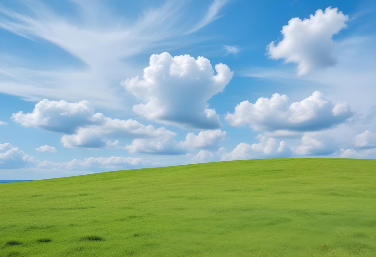 Green Grass Hill Under A Blue Sky With White Clouds Sunny Day Vibrant Colors Natural Light Clear Atmosphere Outdoor Setting Peaceful Scenery 36 Fa51