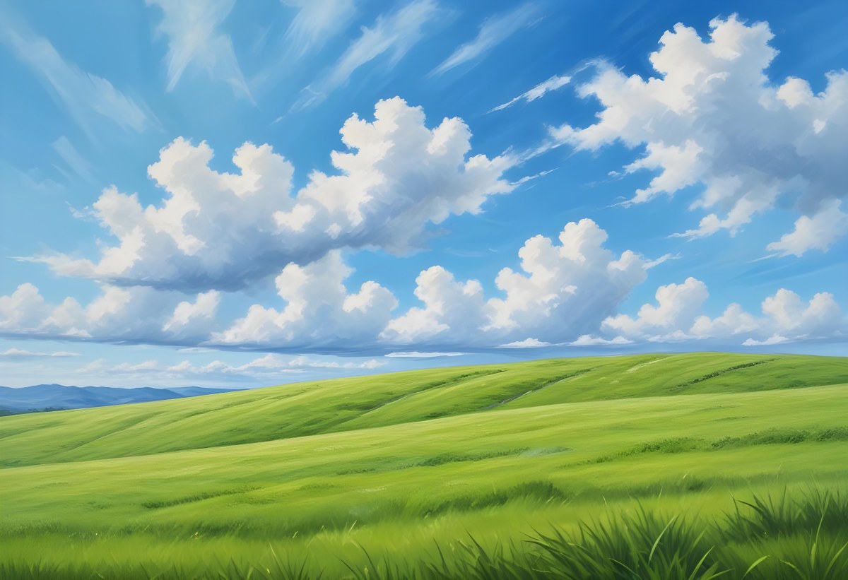 Green Grass Hill Under A Blue Sky With White Clouds Sunny Day Vibrant Colors Natural Light Clear Atmosphere Outdoor Setting Peaceful Scenery 41 B20e