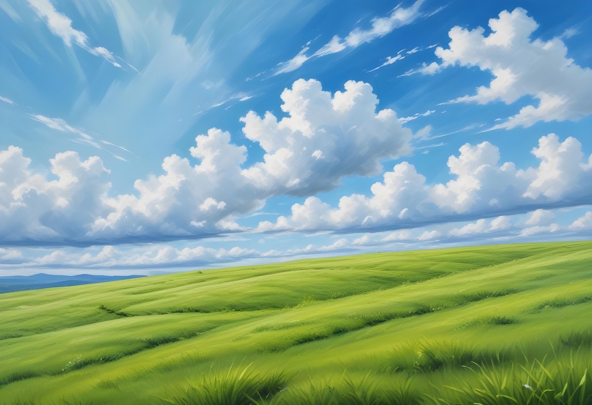 Green Grass Hill Under A Blue Sky With White Clouds Sunny Day Vibrant Colors Natural Light Clear Atmosphere Outdoor Setting Peaceful Scenery 57 B042