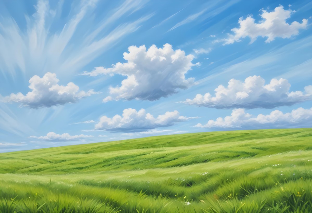Green Grass Hill Under A Blue Sky With White Clouds Sunny Day Vibrant Colors Natural Light Clear Atmosphere Outdoor Setting Peaceful Scenery 64 3555