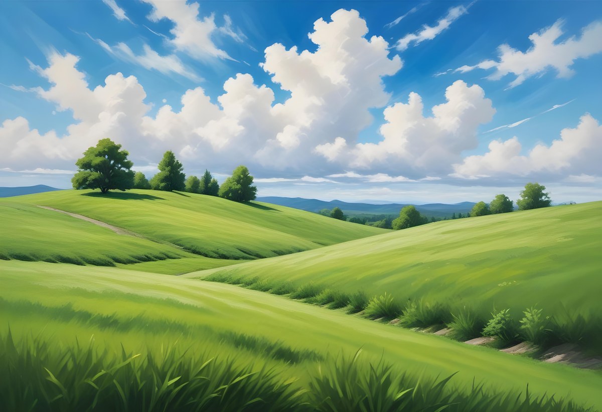 Green Grass Hill Under A Blue Sky With White Clouds Sunny Day Vibrant Colors Natural Light Clear Atmosphere Outdoor Setting Peaceful Scenery 8 319b