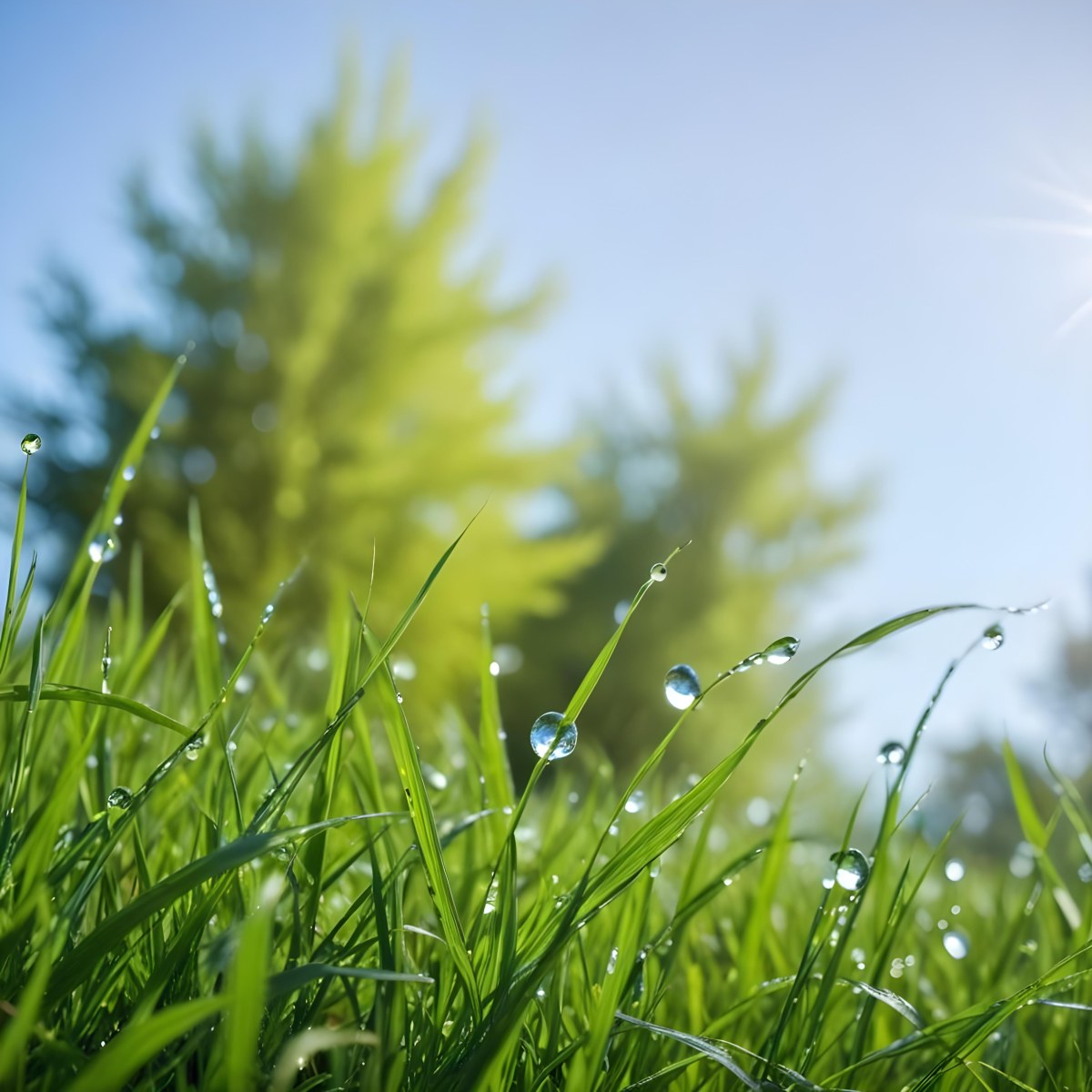 Green Grass With Water Drops In A Sunny Day Blue Sky With Some Green Trees In The Background 10 01bb