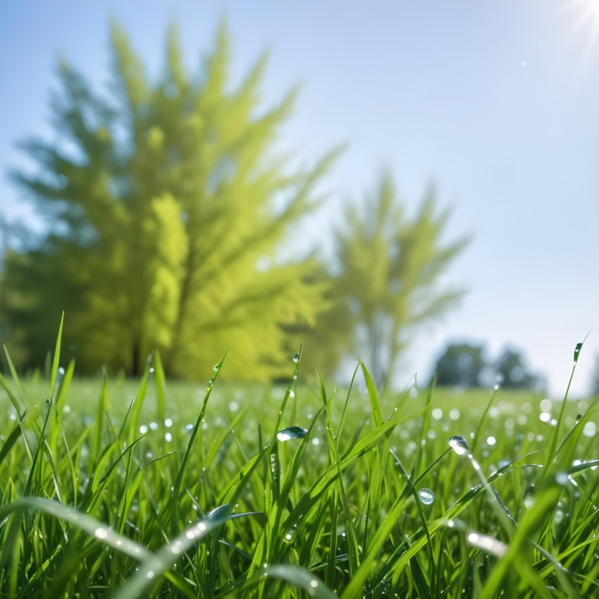 Green Grass With Water Drops In A Sunny Day Blue Sky With Some Green Trees In The Background 12 1d1a
