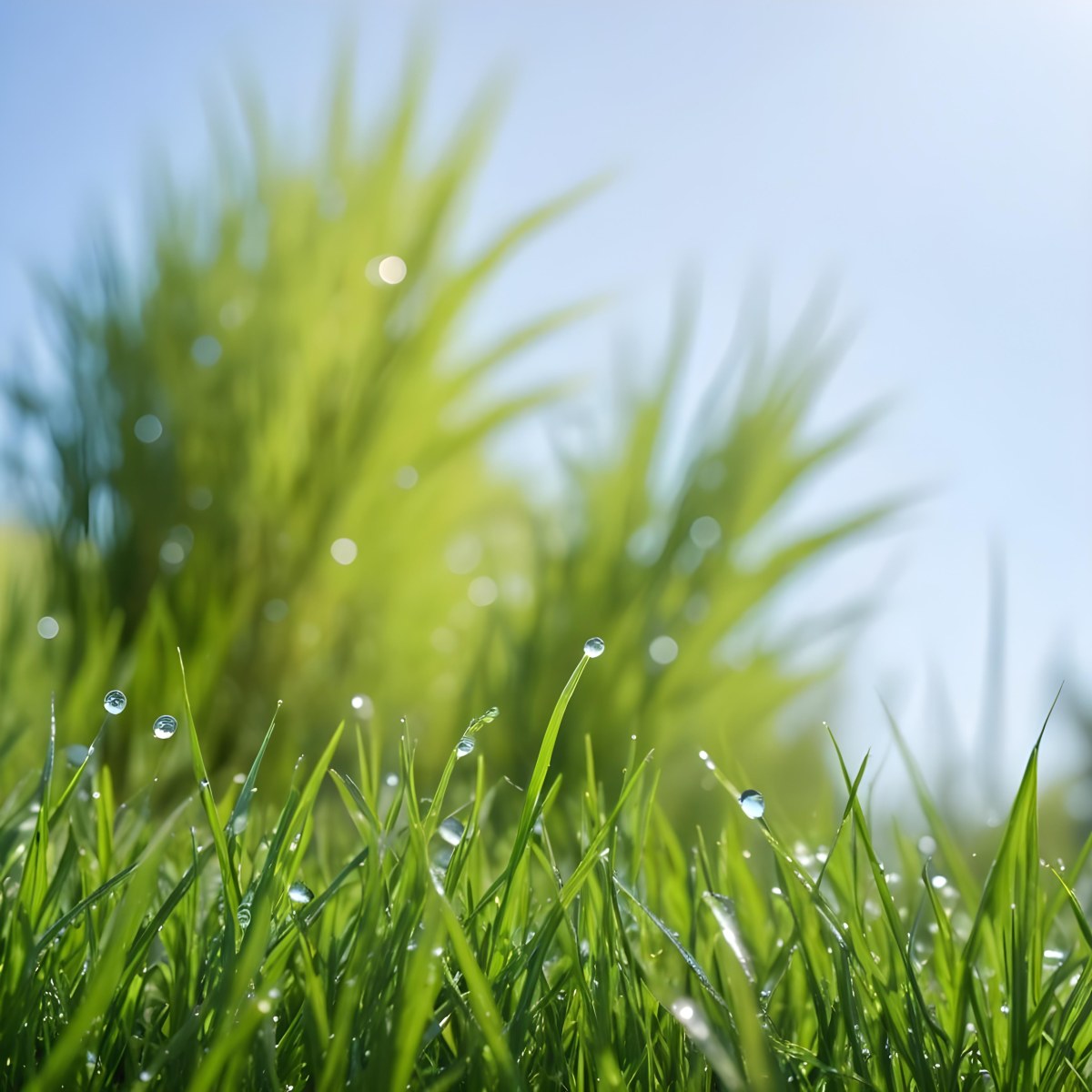 Green Grass With Water Drops In A Sunny Day Blue Sky With Some Green Trees In The Background 2 1a83