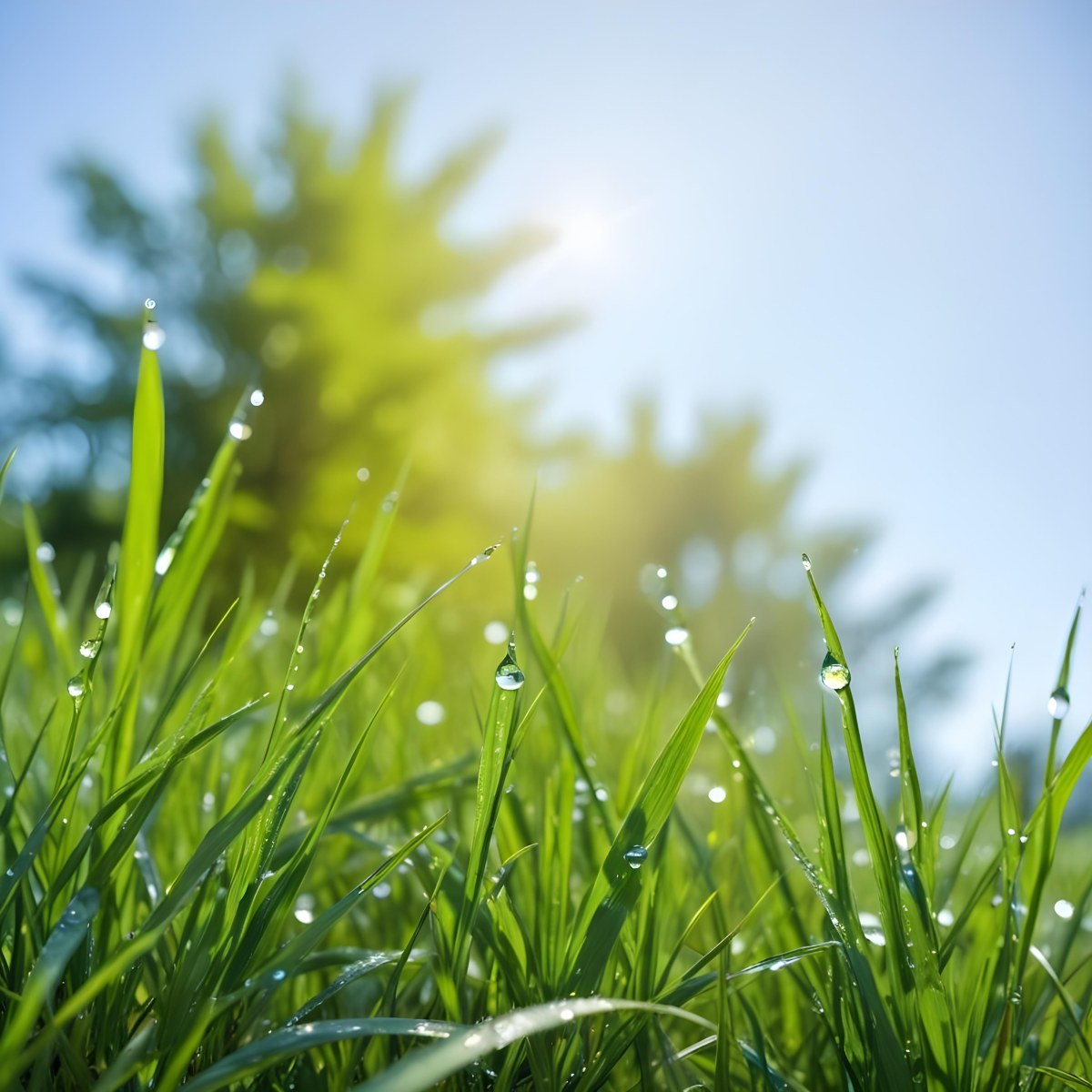 Green Grass With Water Drops In A Sunny Day Blue Sky With Some Green Trees In The Background 21 277e