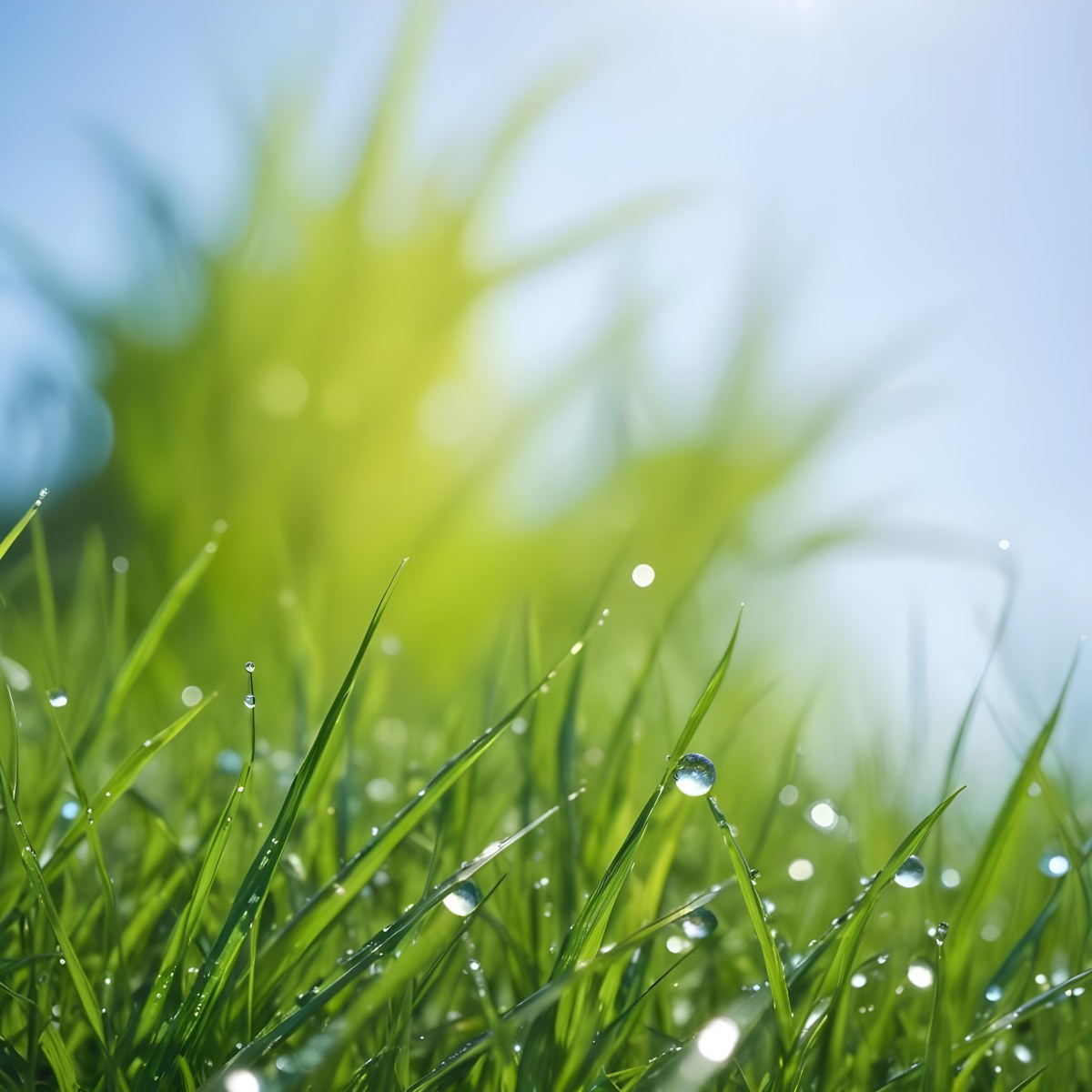 Green Grass With Water Drops In A Sunny Day Blue Sky With Some Green Trees In The Background 22 B401