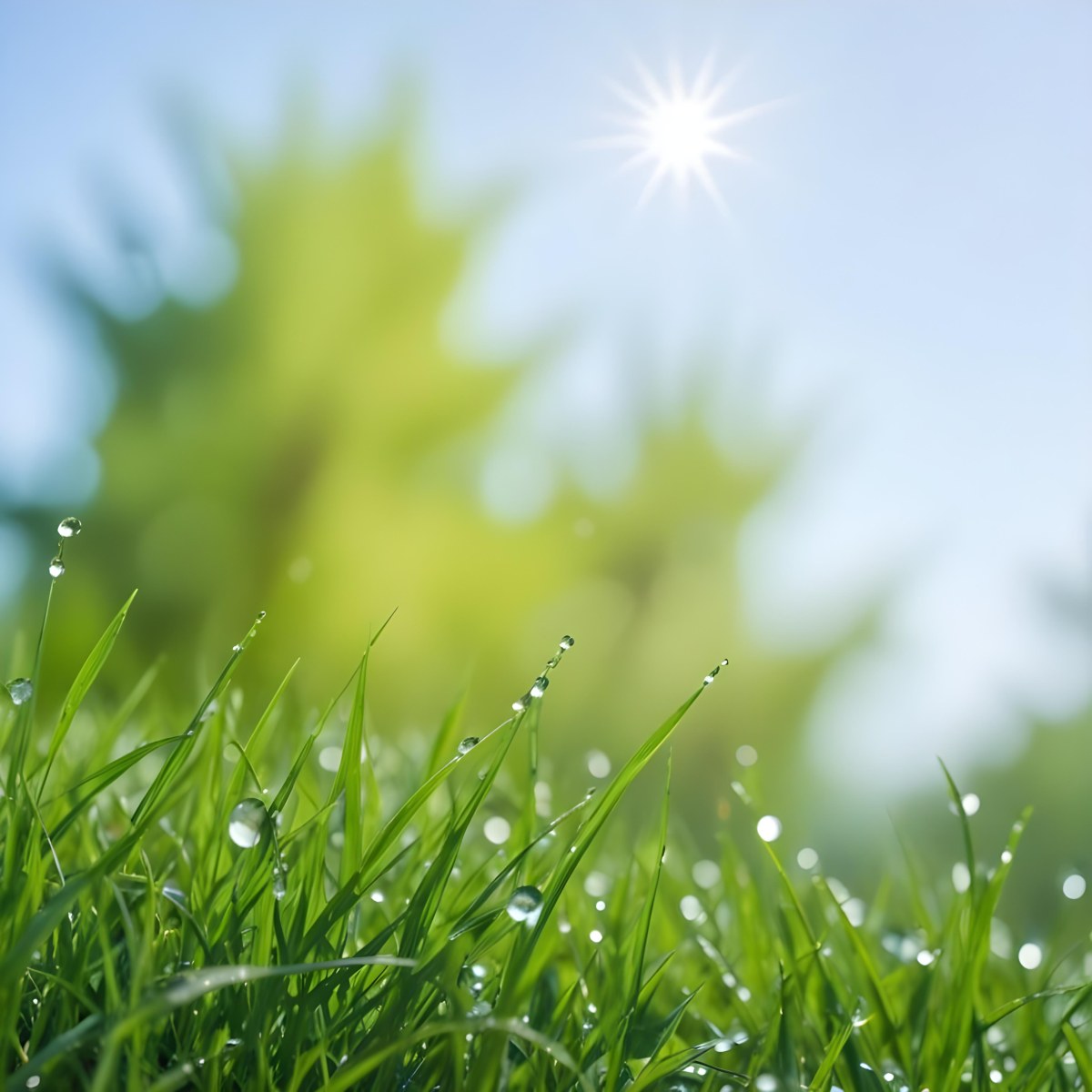 Green Grass With Water Drops In A Sunny Day Blue Sky With Some Green Trees In The Background 25 B343
