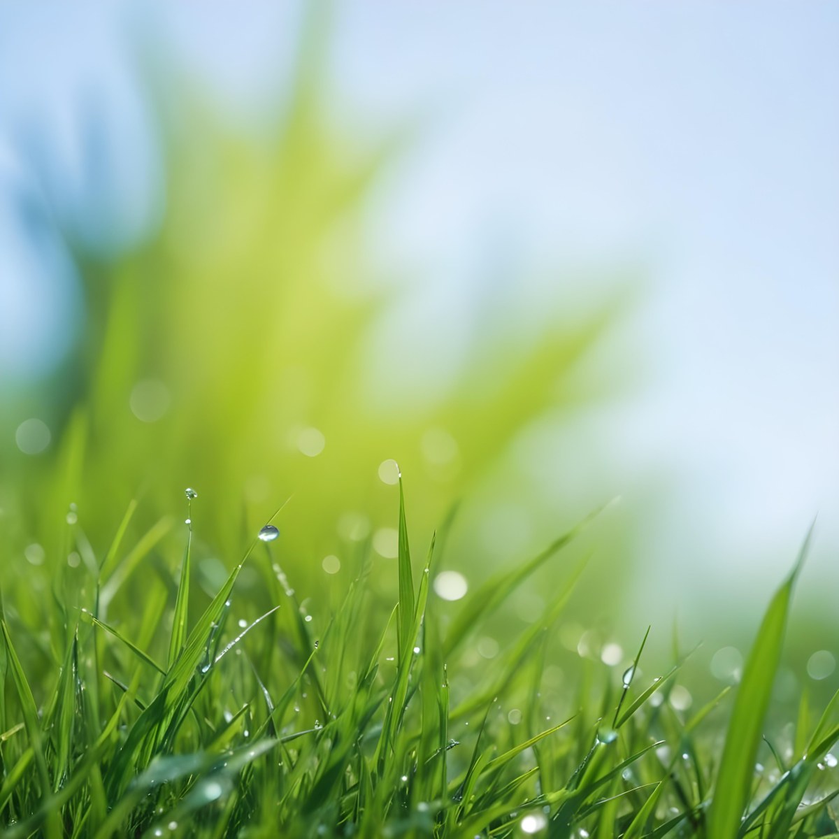 Green Grass With Water Drops In A Sunny Day Blue Sky With Some Green Trees In The Background 29 A53c