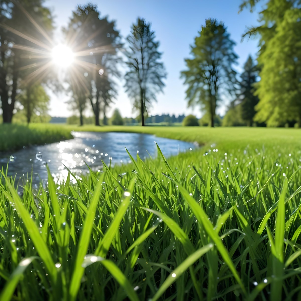 Green Grass With Water Drops In A Sunny Day Blue Sky With Some Green Trees In The Background 3 Bc20