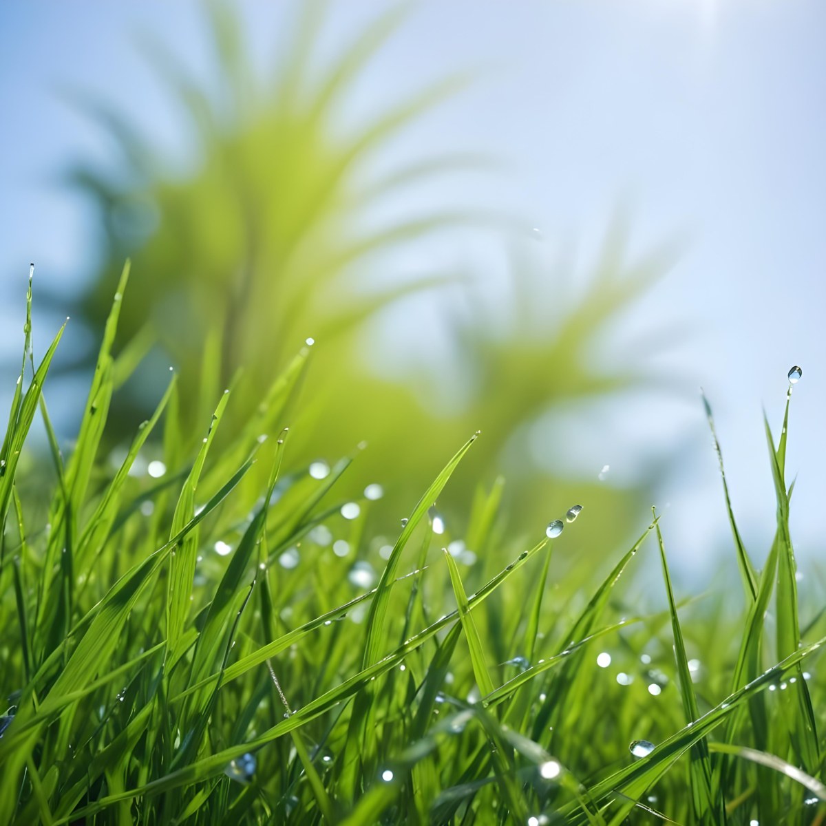 Green Grass With Water Drops In A Sunny Day Blue Sky With Some Green Trees In The Background 30 Fd1a