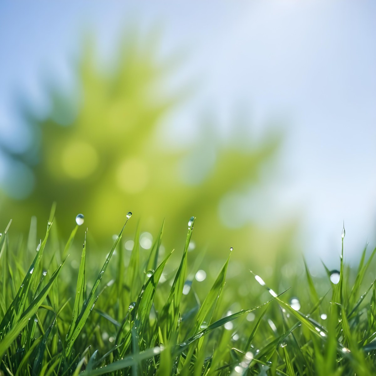 Green Grass With Water Drops In A Sunny Day Blue Sky With Some Green Trees In The Background 32 2f0f