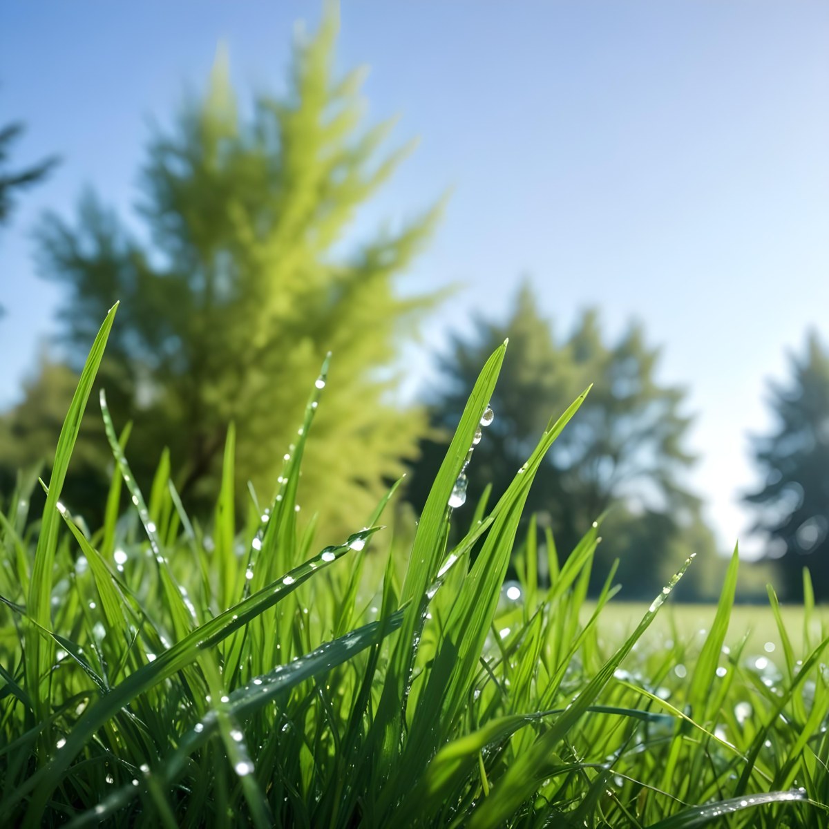 Green Grass With Water Drops In A Sunny Day Blue Sky With Some Green Trees In The Background 33 Be1d