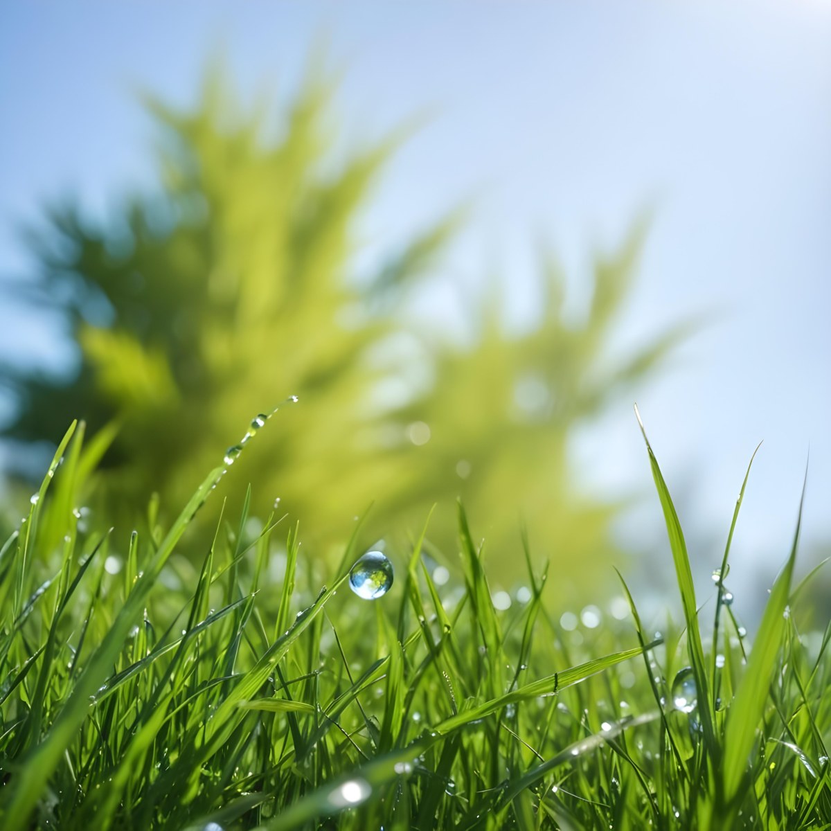 Green Grass With Water Drops In A Sunny Day Blue Sky With Some Green Trees In The Background 34 A03a