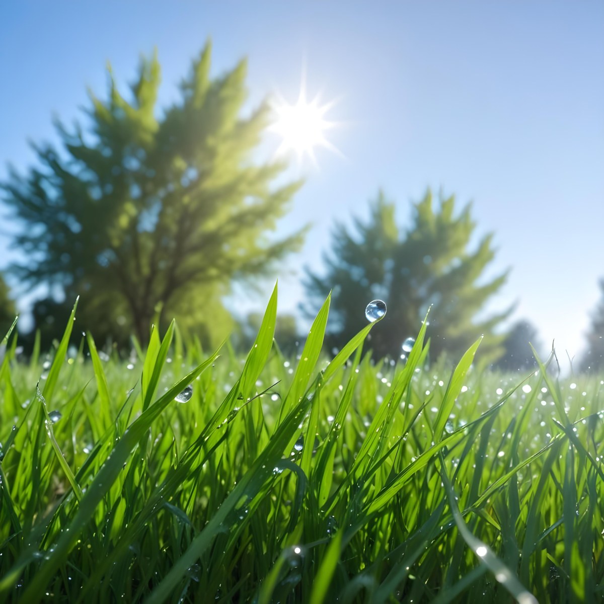 Green Grass With Water Drops In A Sunny Day Blue Sky With Some Green Trees In The Background 4 B8c3
