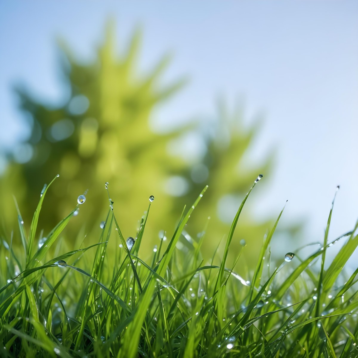 Green Grass With Water Drops In A Sunny Day Blue Sky With Some Green Trees In The Background 5 Bf14