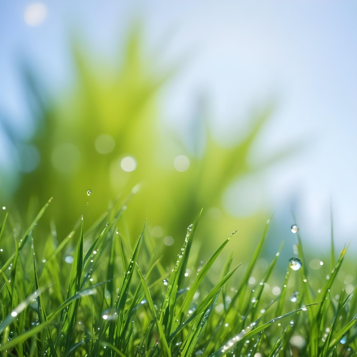 Green Grass With Water Drops In A Sunny Day Blue Sky With Some Green Trees In The Background 6 7fd6