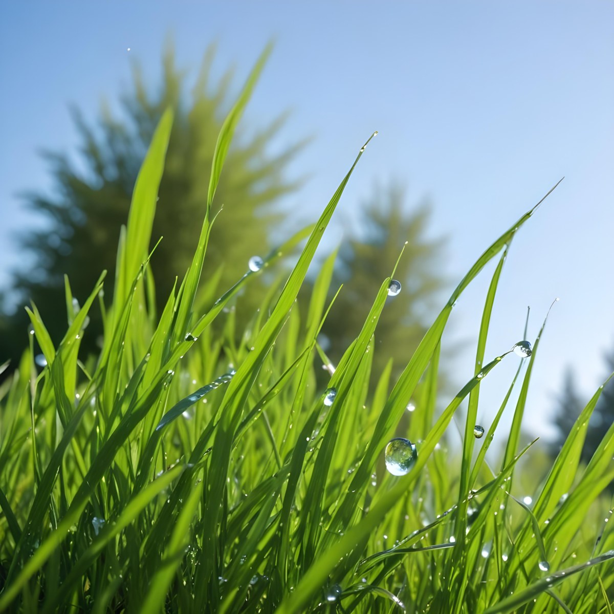 Green Grass With Water Drops In A Sunny Day Blue Sky With Some Green Trees In The Background 7 6099