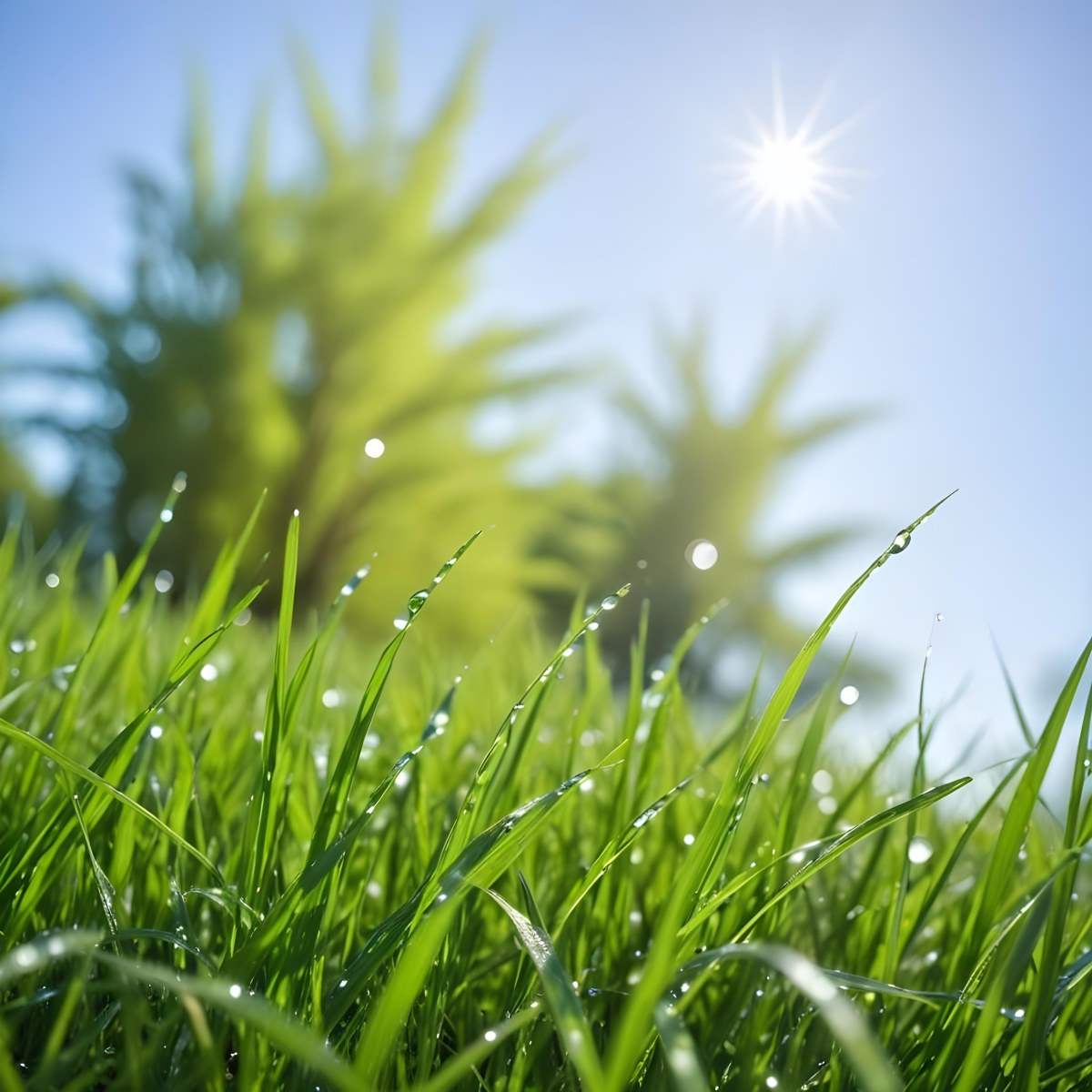 Green Grass With Water Drops In A Sunny Day Blue Sky With Some Green Trees In The Background 8 Cfbf