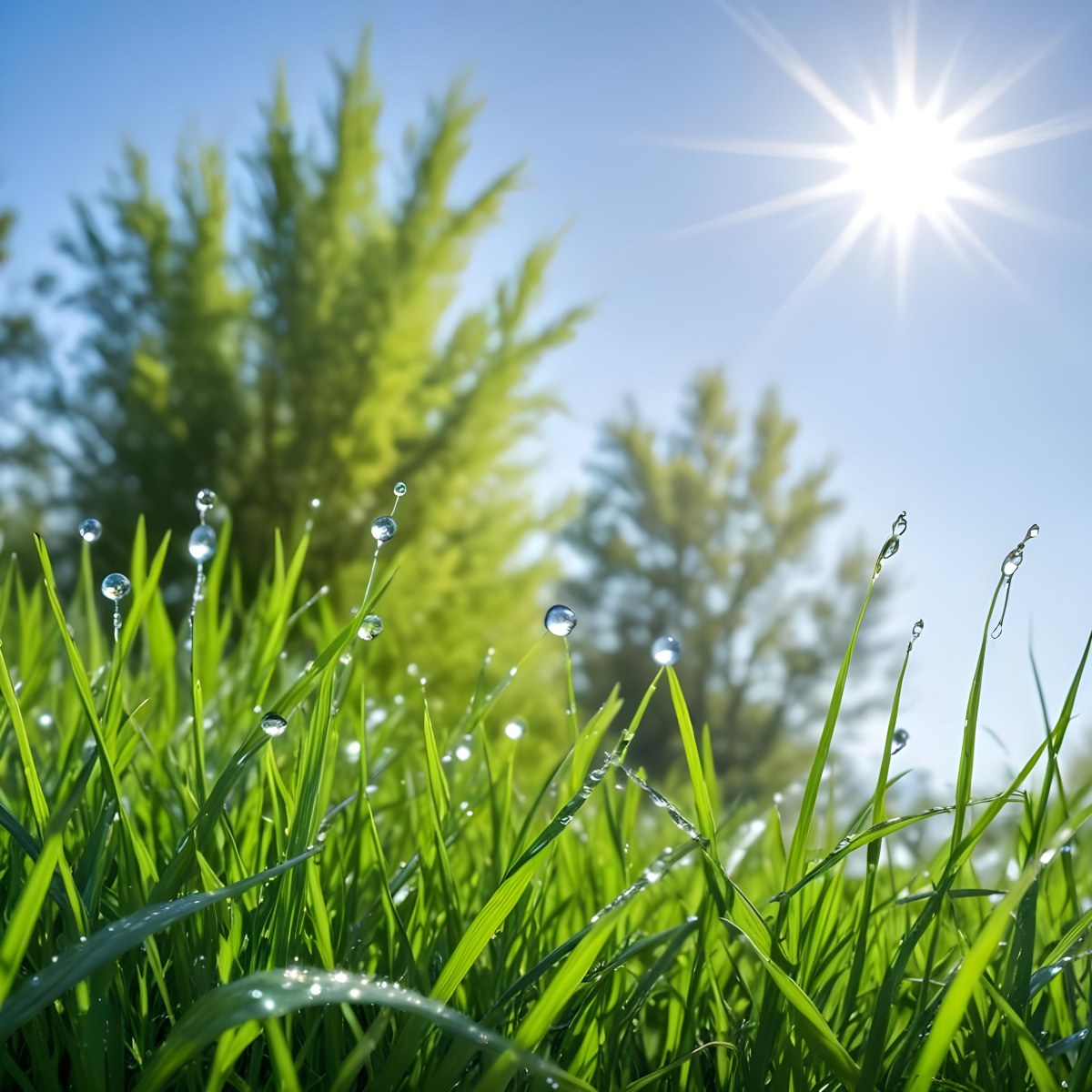 Green Grass With Water Drops In A Sunny Day Blue Sky With Some Green Trees In The Background 9 2b60