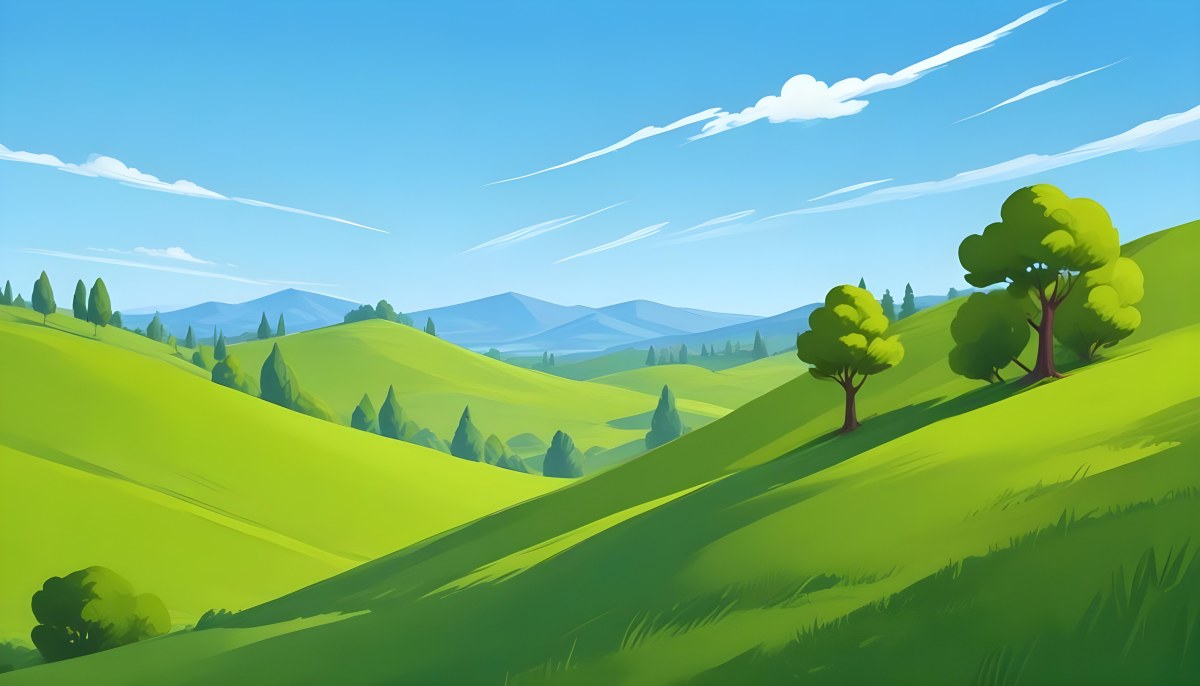 Green Hills With Cartoon Trees Under A Clear Blue Sky Creating A Peaceful And Idyllic Landscape Vibrant Colors And Smooth Gradients 1 9ca2