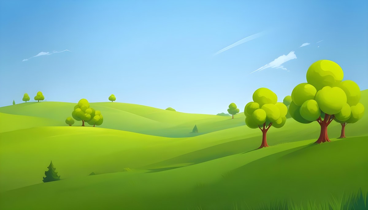 Green Hills With Cartoon Trees Under A Clear Blue Sky Creating A Peaceful And Idyllic Landscape Vibrant Colors And Smooth Gradients 13 2dce