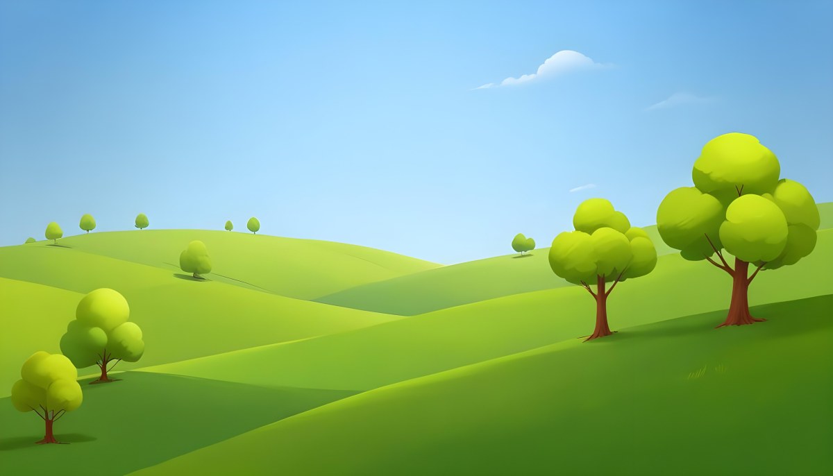 Green Hills With Cartoon Trees Under A Clear Blue Sky Creating A Peaceful And Idyllic Landscape Vibrant Colors And Smooth Gradients 2 F149