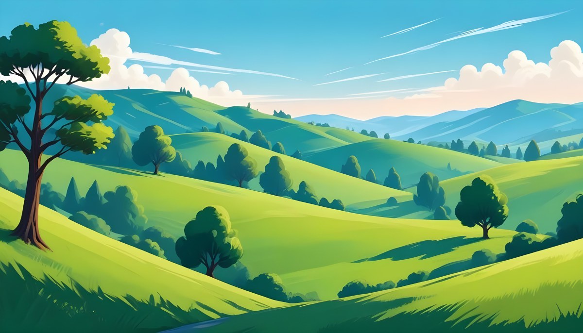 Green Hills With Cartoon Trees Under A Clear Blue Sky Creating A Peaceful And Idyllic Landscape Vibrant Colors And Smooth Gradients 26 58ca