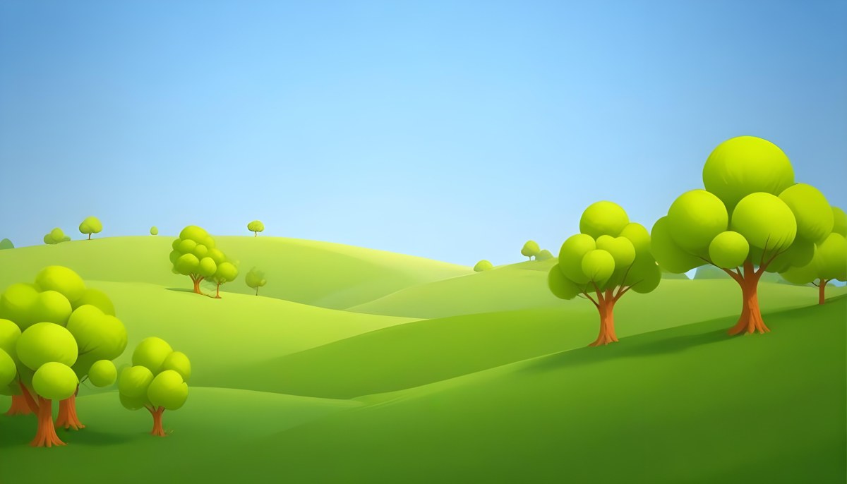 Green Hills With Cartoon Trees Under A Clear Blue Sky Creating A Peaceful And Idyllic Landscape Vibrant Colors And Smooth Gradients 27 75ca
