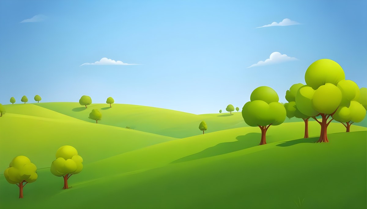 Green Hills With Cartoon Trees Under A Clear Blue Sky Creating A Peaceful And Idyllic Landscape Vibrant Colors And Smooth Gradients 29 A2fe