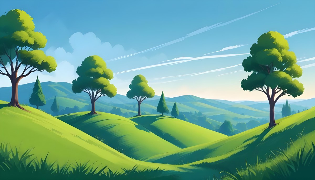 Green Hills With Cartoon Trees Under A Clear Blue Sky Creating A Peaceful And Idyllic Landscape Vibrant Colors And Smooth Gradients 3 64cc