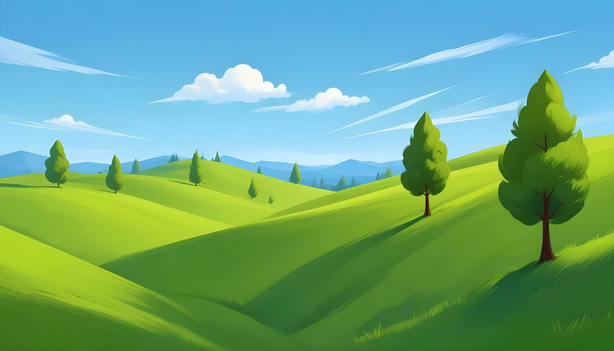 Green Hills With Cartoon Trees Under A Clear Blue Sky Creating A Peaceful And Idyllic Landscape Vibrant Colors And Smooth Gradients 30 F791