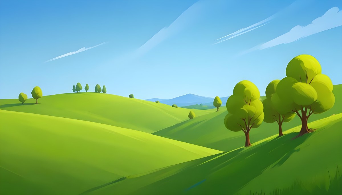 Green Hills With Cartoon Trees Under A Clear Blue Sky Creating A Peaceful And Idyllic Landscape Vibrant Colors And Smooth Gradients 31 0f60