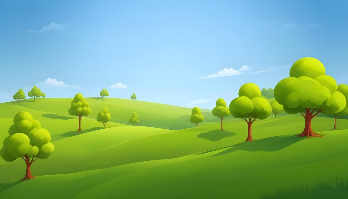 Green Hills With Cartoon Trees Under A Clear Blue Sky Creating A Peaceful And Idyllic Landscape Vibrant Colors And Smooth Gradients 4 9c3a
