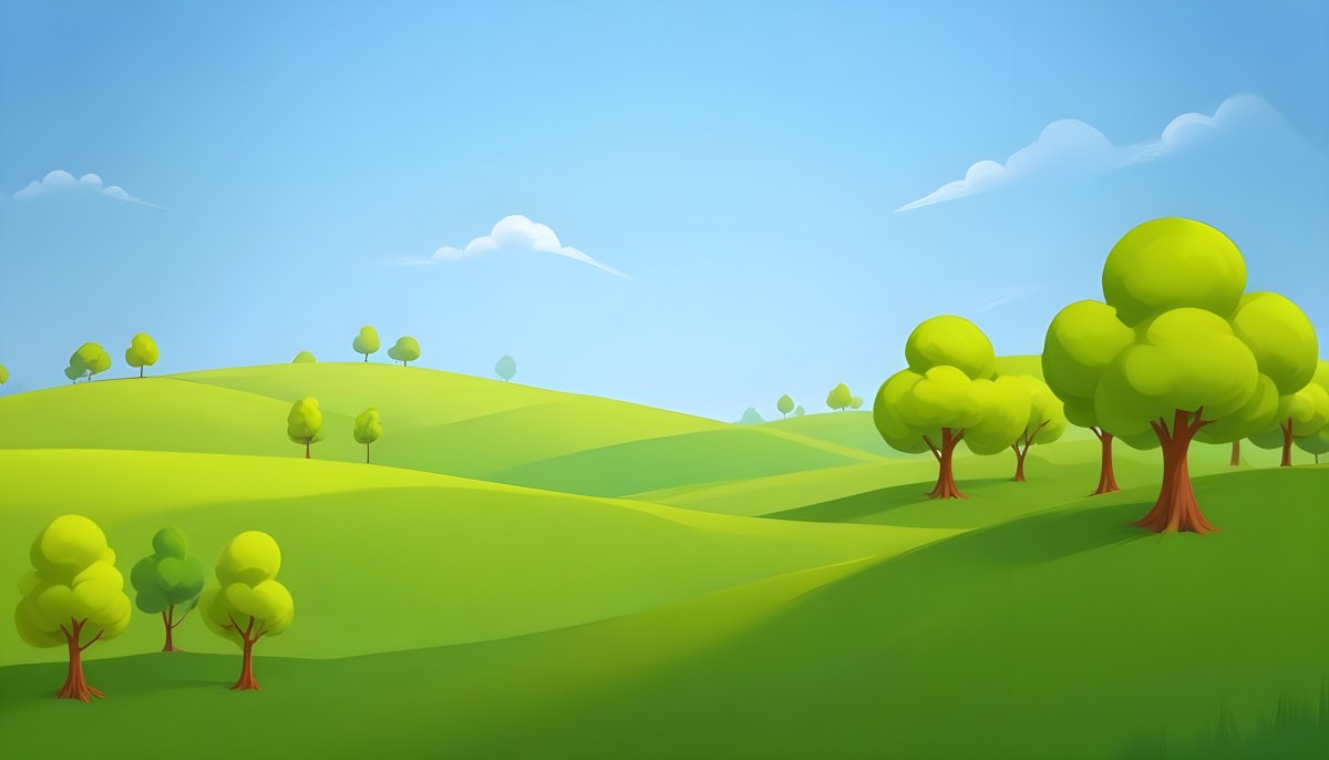 Green Hills With Cartoon Trees Under A Clear Blue Sky Creating A Peaceful And Idyllic Landscape Vibrant Colors And Smooth Gradients 7 1e2d